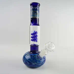 Round Base Glass Water Bongs Pipe Colored Drawing Pattern Hookah 10.5inch Blue Beaker Bong Helix Perc 5mm Thickness Dab Rigs Smoking Bong