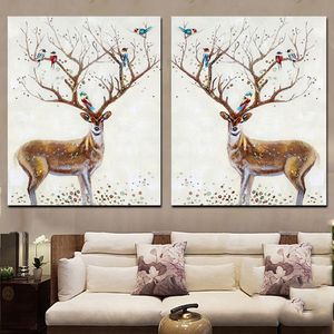 2 Panel Abstract Canvas Painting Artistic Deer Elk with Bird Giclee Animal Print Poster Minimalist Wall Picture For Living Room