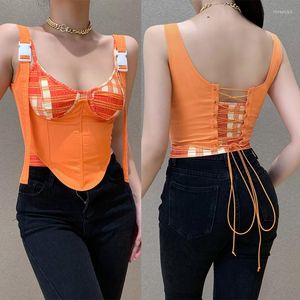 Cintos Orange Sexy Corset Top Summer Patchwork Slim Bustier Lace Up Backless Suspenders With Hasp for Womens