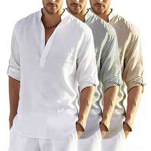 Camisetas masculinas blusas casuais de mola de algodão linho de algodão V de manga longa de manga comprida camiseta moda de moda masculina lasciva t camisetas 220906