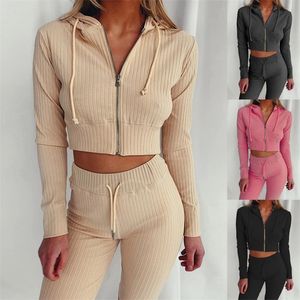 Kvinnor Tvåbitar byxor Casual Two Piece Set Women Outfits Set Long Sleeve Hooded Short Crop Top Long Skinny Pants Leggings 2 Piece Set Women Tracksuit 220906