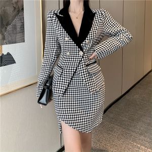 Tvådelad klänning vintage office lady houndstooth coat and kjol set lapel dubbelbrast beskuren jacka oregelbunden bodycon kjol kostymer kvinnlig 220906