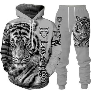 MENS TRACHSUITS Hayvan 3d Tiger Baskılı Hoodie Pantolon Takım Serin Menwomen 2 PCS Sportwear Demir Seti Sonbahar ve Kış Erkek Giyim 220905