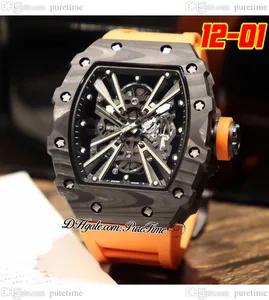 2022 12-01 Miyota Automatic Mens Watch NTPT Black Carbon Fiber Case Skeleton Dial Big Date Orange Crown Rubber Strap 6 Styles Watches Puretime D4