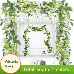 Finto floreale verde glicine fiore artificiale vite edera foglia ghirlanda seta rosa fiori rattan stringa vite arco nuziale fiore decorazione del giardino di casa J220906