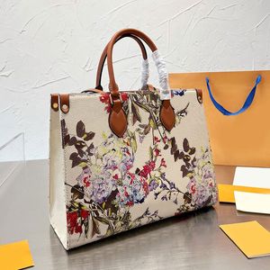 Bolsa de praia Bolsa de ombro floral Bolsa de mão feminina Bolsa de lona revestida com acabamento em couro Hortênsia Estampa de bolso de grande capacidade Duas alças Alça de cinto Moda Letras