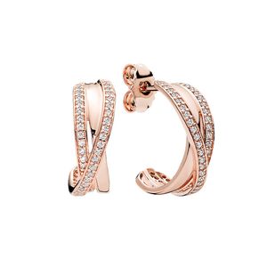 Rose Gold Pave Hoop Earring CZ diamond Women Wedding designer Jewelry For pandora Real Sterling Silver girlfriend Gift Stud Earrings with Original Box