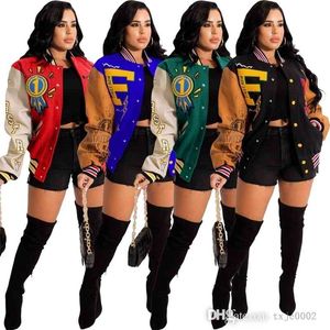 Fall Winter Womens Warm Coat Baseball Jacket Designer Threaded Cuffs Stitching Printed Button Trendy Casual Top