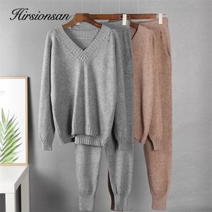 Pontas de duas peças da mulher Hirsionsan Cashmere Kniteds Women Women Loose V Sweater de pescoço Cenout Cenout 2 Peças Feminino Roupa de trajes de harém 220906