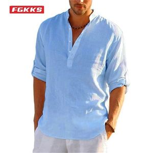 Men's T Shirts FGKKS Summer Men Casual Linen Breathable Long Sleeve Single Breasted Solid Color Loose Male 220905