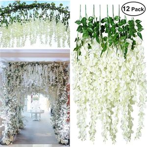 Sahte çiçek yeşillik 12pcs 45inch yapay wisteria çiçekler sahte wisteria asma ratta asılı çelenk ipek çiçekler telli parti düğün dekor 220906