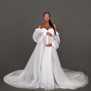 豪華な真珠マタニティドレスチュール妊婦のウエディングドレス長袖ベビーシャワーガウン豪華なローブ