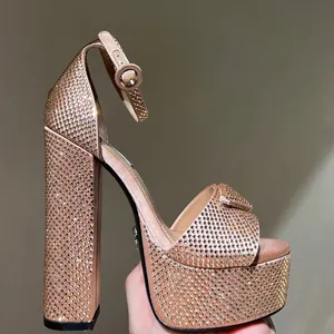 rhinestone sandals Luxury Designers womens platform heel dress shoes Classic triangle buckle Embellished Ankle strap Pumps 14CM high Heeled