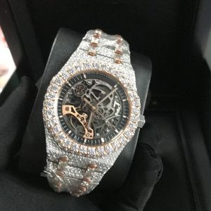 Wristwatches New Version Skeleton VVS1 Diamonds Watch PASS TT Rose Gold Mixed Sier Top quality Mechanical ETA movement Men Luxury Iced Out Sapphire