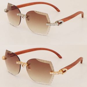 Luxury Big Diamond Set C Decoration Wooden Sunglasses for mens Designer Men Women Rimless Wood Sun glasses Cat Eye Vintage 8200761 Diamond Cut Lens 18K Gold Size 60