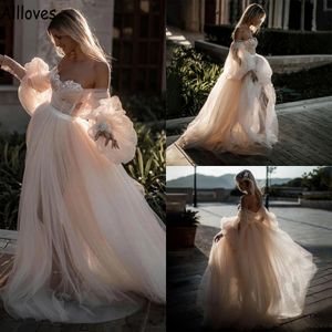 Romantico tulle champagne una linea abiti da sposa per la sposa pizzo con spalle scoperte maniche lunghe boho giardino spiaggia abiti da sposa a strati plus size abiti da sposa CL1092