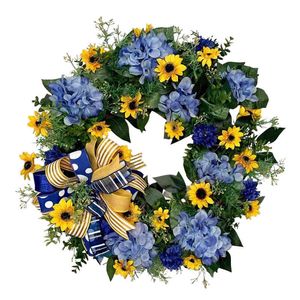 Dekorative Blumen Kränze gelb und blauer Kranz 18 Zoll künstlicher Sonnenblumenkranz Frühling Sommer Sonnenblumenkranz für Haustür Home Wall Hochzeit T220905
