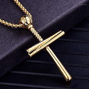 Бейсбол Кулон Ожерелья оптовых-Подвесные ожерелья HPSP Hip Hop Rock Baseball Gold Cross Ожерелье для мужчин мужская из нержавеющая сталь ювелирные изделия1260A
