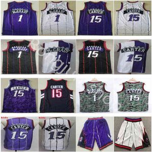 Maglia cucita Vintage Moda Uomo Pallacanestro Tracy 1 McGrady Vince Carter 15 Maglie Viola Bianco Bck Blu Rosso Camicie pantaloncini all'ingrosso