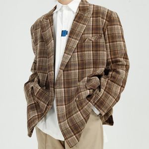 Abiti da uomo Firmranch Fall Spring Ins Tartan Blazer Wool Chave Casual Men Sleasce All Match Coat Design Sense Over Coat BF Style for Girl