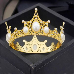 Saç klipleri barok yuvarlak taç rhinestone inciler metal tiaras doğum günü kek süsleri gelin düğün mücevher moda diadem headdress