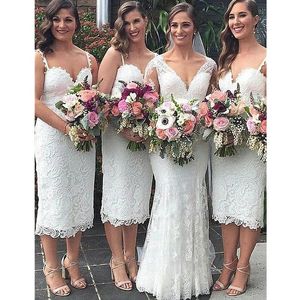 Ivory Lace Bridesmaid Dresses Tea Length Spaghetti Strap Sexy Country Bridesmaids Dress Cheap Wedding Guest Gowns Custom Made