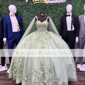 Элегантные зеленые платья Quinceanera с Warp Floral Applique Mexican XV Girls.