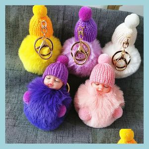 Schlüsselanhänger Kunstpelz Plüsch Schlüsselanhänger Schmuck für Mädchen Niedlicher Slee Baby Doll Schlüsselanhänger 16 Stile Frauen Flauschiger Pompom Keyfobs Drop Lieferung DHSM5