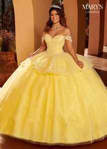 Gelbe applizierte 2023 Quinceanera-Kleider aus der Schulter, Perlen-Ballkleid, Spitze, süßes 16-Kleid, Partykleidung, Abschlussball-Abendkleider