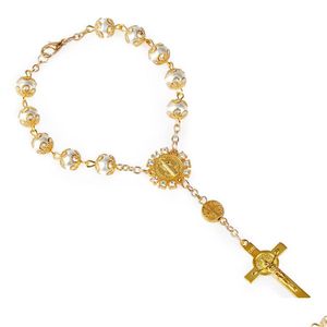 Other Bracelets Catholic Rosary Bracelets Wood Beads White Pearl Christ Cross Jesus Virgin Bracelet Religious Jewelry For Wo Lulubaby Dhk7U