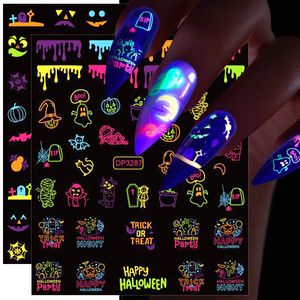 Colorful Halloween Nail Stickers Glow in The Dark Neon Luminous Fluorescent Fingernails Design Great for Party and Bar Self-Adhesive Nails Art Decals DIY Kids Women