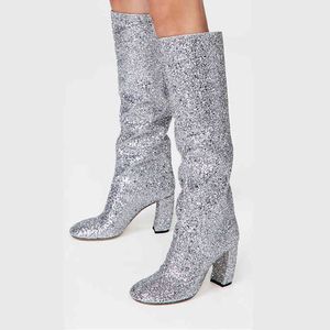 Boots Arden Furtado Women's Silver Chunky Heels 5cm Glitter Shiny Boots Ladies Sequined Tyg Stor storlek 41 42 43 220906