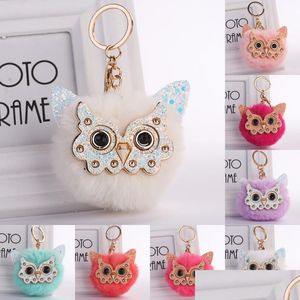 Keychains Owl Fluffy Keychain For Women Fur Pompom Ball Keyring Animal Glasses Handbag Key Chains Bag Car Pendent Charms Accesories P Dhhnx