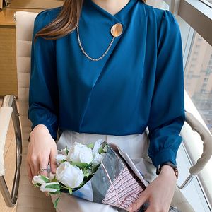 Office Lady Stand Collar Solid Shirts Women 2022 Elegant Chiffon Women Blue and Tops Puff Sleeve Female Clothing New