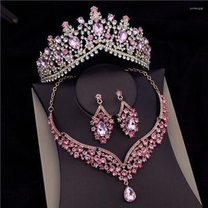 Düğün Takı Setleri Kadınlar İçin Muhteşem Pembe Crystal Tiaras Gelin Moda Taç Küpe Kore Kolye Dubai