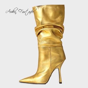 Stiefel NEU Arden Furtado 2021 Mode Damenschuhe Spitze Zehen Stilettos Heels Elegant Plissee Gold Leopard Print Kniehoch 43 220906