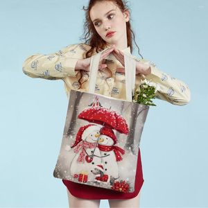 Shopping Bags Merry Christmas Casual Women Handbag Cartoon Snowman Foldable Reusable Xmas Gift Lady Student Canvas Tote Bag