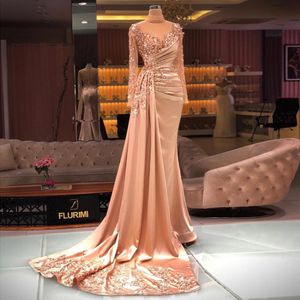 Beaded Mermaid Evening Dresses Long Sleeves Sequined Prom Gowns Sheer High Neckline Satin Sweep Train Pleated Formal Dress