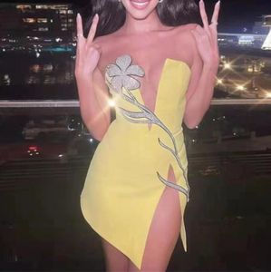 Sexy Deep V Women Lady Mini Dress Flower Blingbling Night Evning Club Outfit Prom Bandage Jurken YS2118