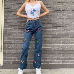 Jeans da donna Moda Jeans da donna Y2K Pantaloni a vita alta streetwear Pantaloni larghi in denim Mom Boyfriend Jeans bootcut con stampa a farfalla a vita media T220825