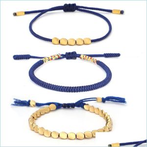 Andra armband Handgjorda kopparp￤rlor armband handv￤vda justerbara tofs Lucky Navy Blue Fl￤tad repstr￤ngstrand Bangle Q5 DH5TG