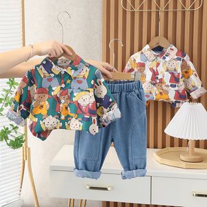 Frühling Baby Mädchen Jungen Kleidung Sets Kleinkind Infant Revers Druck Hemd Jeans Mode Im Freien Kinder Kinder Kostüm