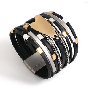 Charm-Armbänder Amorcome Trendy Big Heart Wrap Strasssteine Metallperlen Röhren Echtes Leder Layered Armreifen Winterschmuck