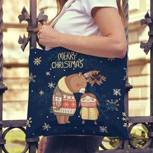 Borse per la spesa Merry Christmas Cartoon Animal Bag Donne pieghevoli in tela Xmas Tote Borse a tracolla firmate da viaggio