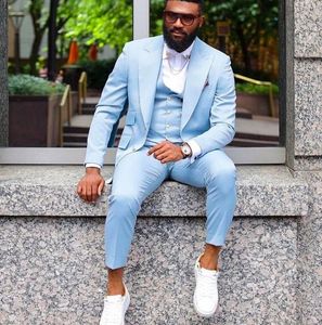 New Arrival Light Blue Wedding Tuxedos Groom Suit 2022 Three Piece Slim Wedding Suits For Black Man Pant Coat Vest Prom Evening Wear Satin