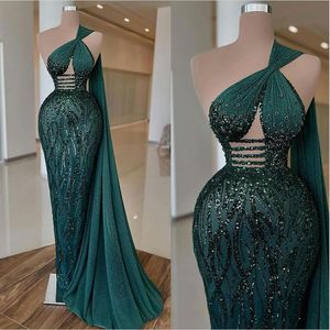 Dark Green Mermaid Evening Dress One Shoulder Sequins Prom Gowns Robe De Soiree Sweep Train Dubai Formal Wear Custom Made