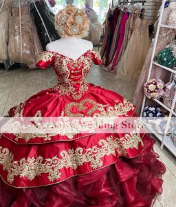 vestidos de 15 Anos Quinceanera Планты красное вышитое кружево с плеча Sweet 16 Rabes de Soiree Girl Wear