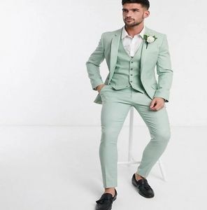 Fit Mint Green Wedding Tuxedos 2022 Men Suit For Beach Wedding Boho Three Piece Coat Pant Vest Satin Formal Groomsmen Suits Evening Cocktail Party Outfits