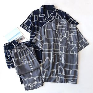 Pijama de algodão masculino para roupas de dormir masculina para a primavera e verão fino calças de mangas curtas, moda caseira moda de tamanho grande