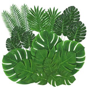 Faux Floral Greenery Artificial Tropical Palm Leaves Hawaiian Luau Safari Jungle Party Decoration Summer Wedding Birthday Home Table Decor Fake Plant J220906